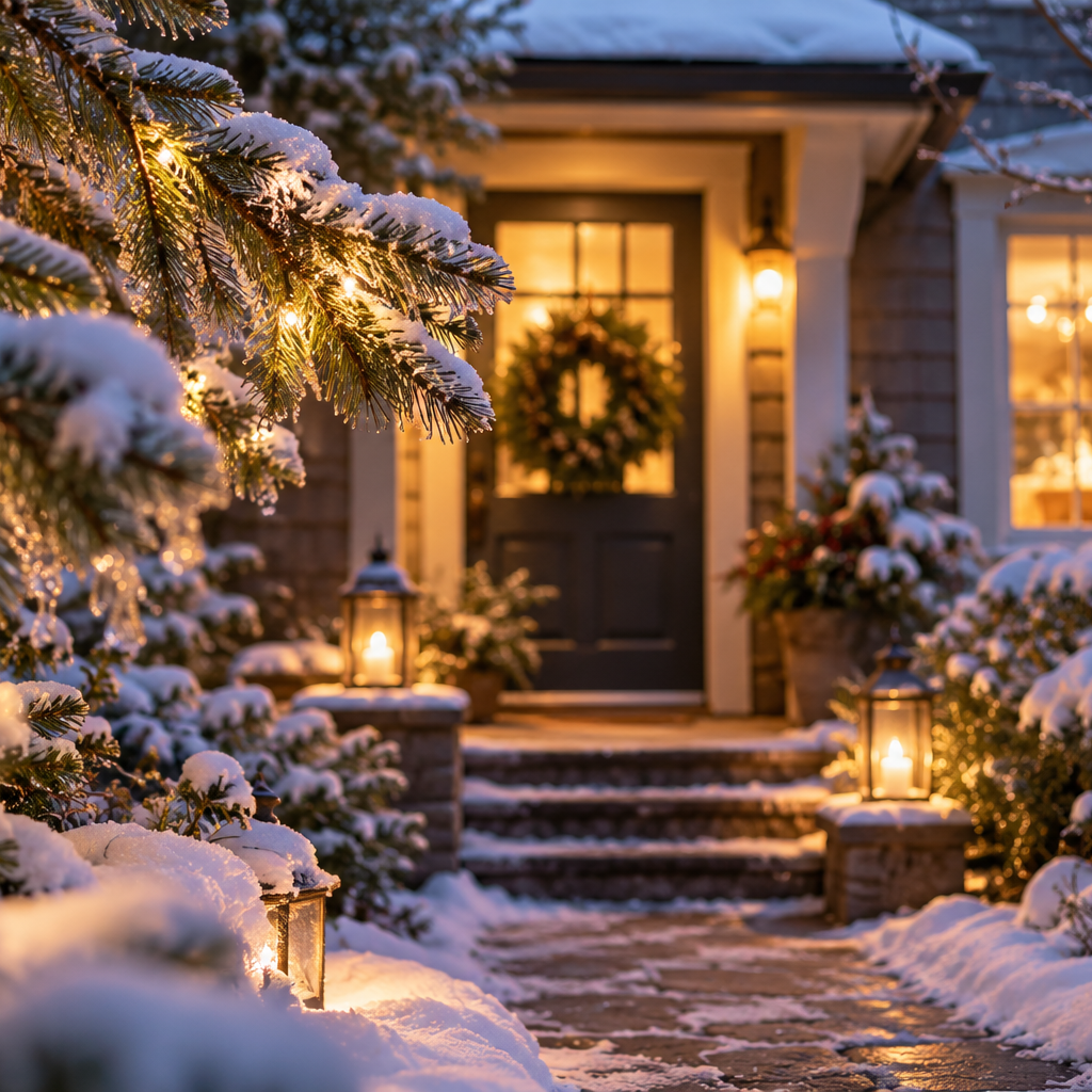 Snowy Twilight Cottage Entrance
